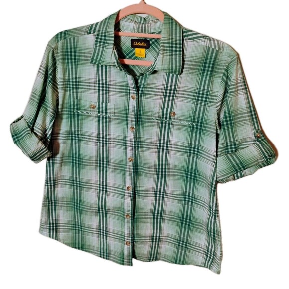 Women's Cabela's Green Plaid Roll-Tab Sleeve Button-Up Shirt Top Size PS - Picture 1 of 4